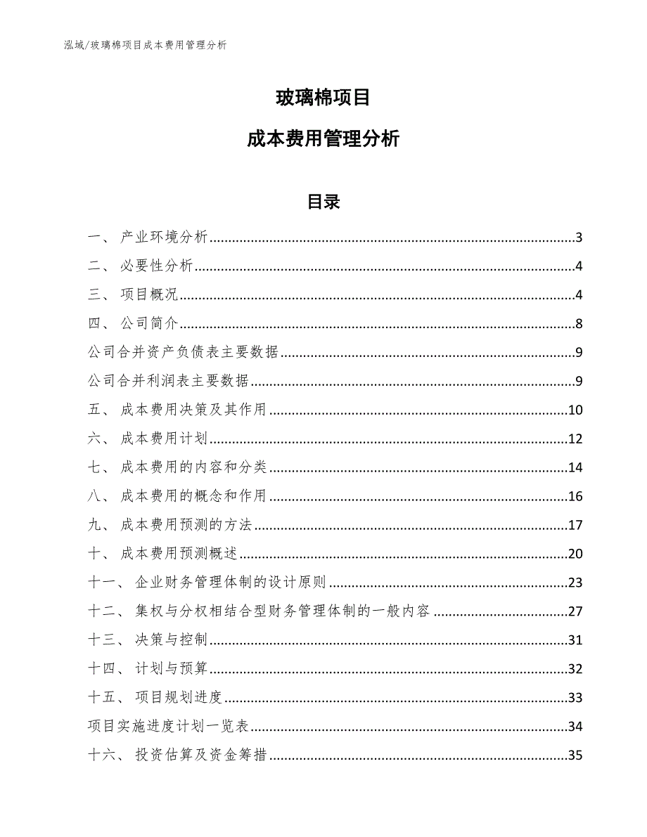 玻璃棉项目成本费用管理分析.docx_第1页