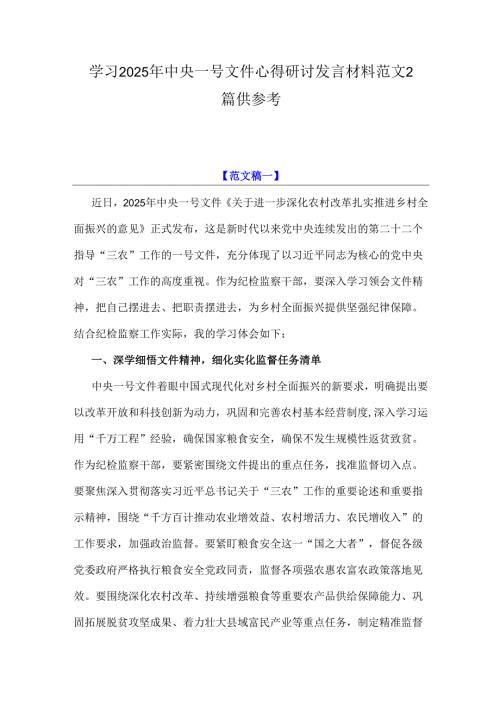 学习2025年中央一号文件心得研讨发言材料范文2篇供参考.docx