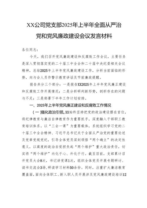 公司党支部2025年上半年全面从严治党和党风廉政建设会议发言材料.docx