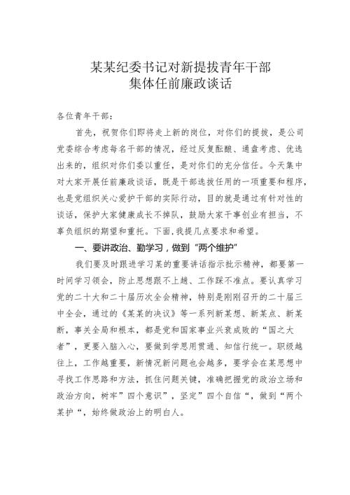 某某纪委书记对新提拔青年干部集体任前廉政谈话.docx