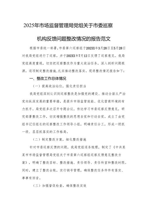 2025年市场监督管理局党组关于市委巡察机构反馈问题整改情况的报告范文.docx