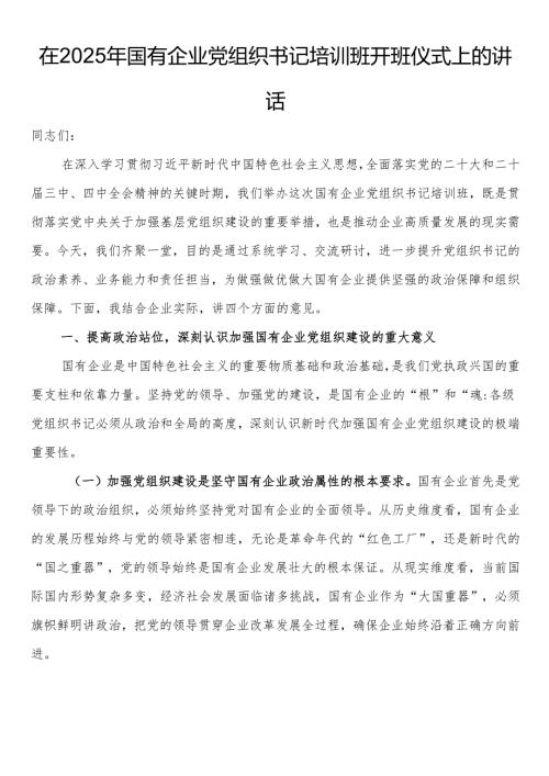 在2025年国有企业党组织书记培训班开班仪式上的讲话.docx