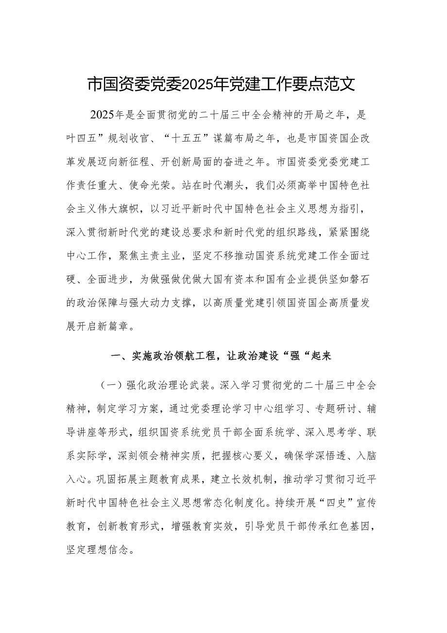 市国资委党委2025年党建工作要点范文.docx_第1页