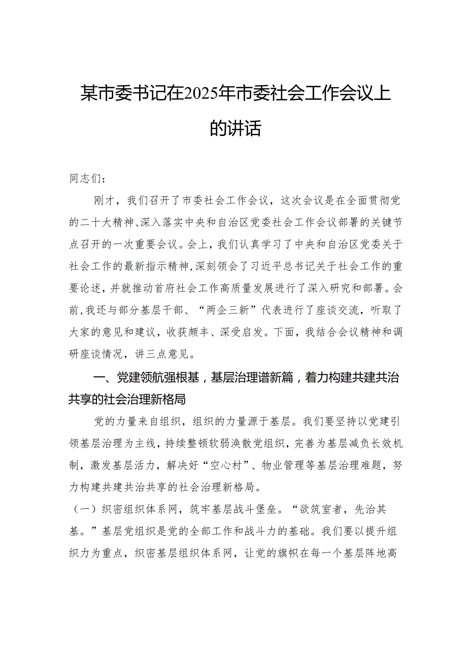 某市委书记在2025年市委社会工作会议上的讲话.docx_第1页