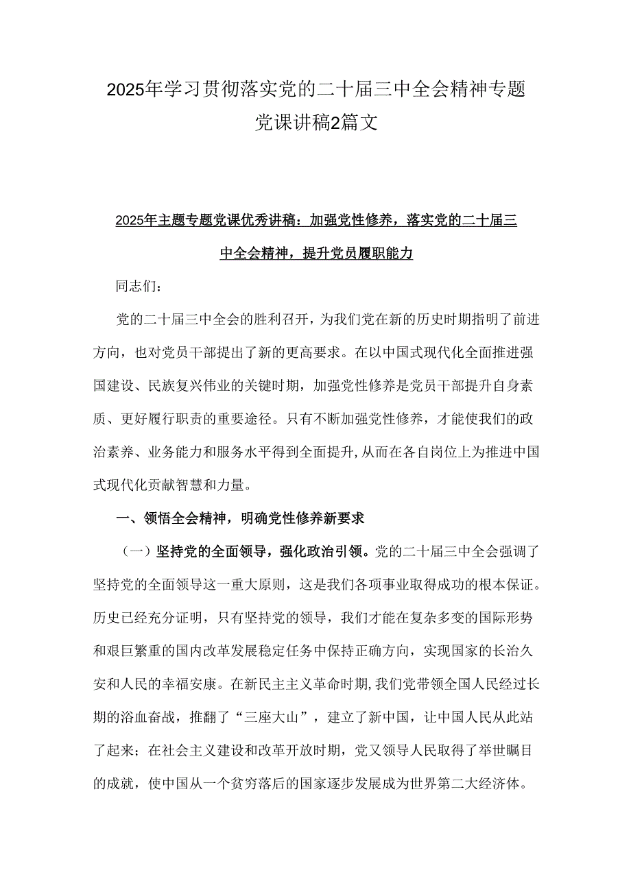2025年学习贯彻落实党的二十三中全会精神专题党课讲稿2篇文.docx_第1页