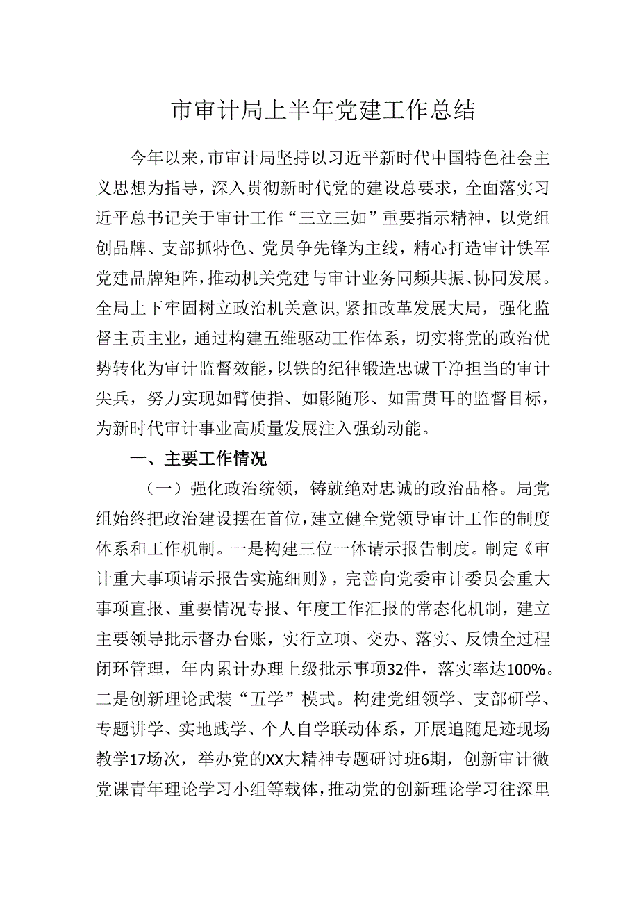 2025年XX市审计局上半年党建工作总结.docx_第1页