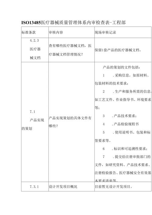 ISO13485医疗器械质量管理体系内审检查表工程部.docx