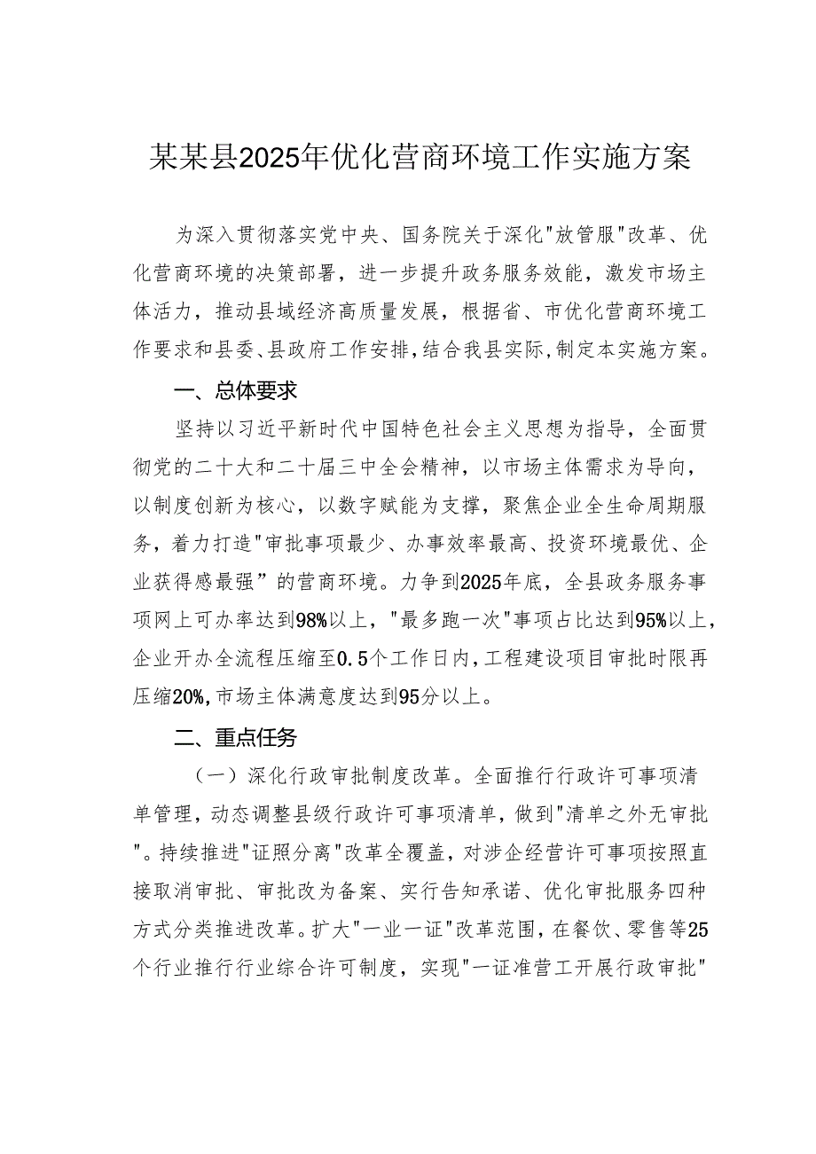 某某县2025年优化营商环境工作实施方案.docx_第1页