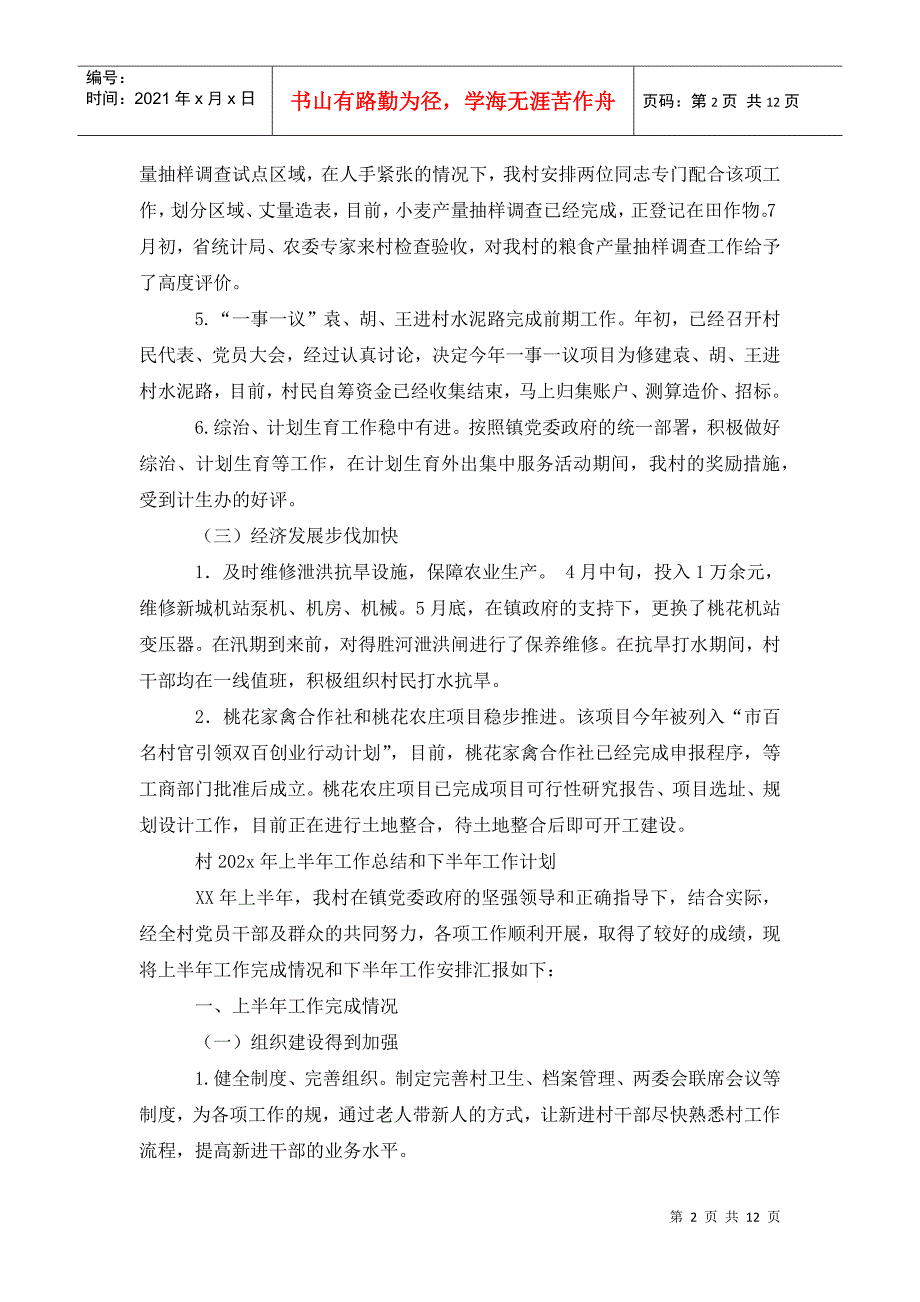 村202x年上半年工作总结和下半年工作计划.doc_第2页