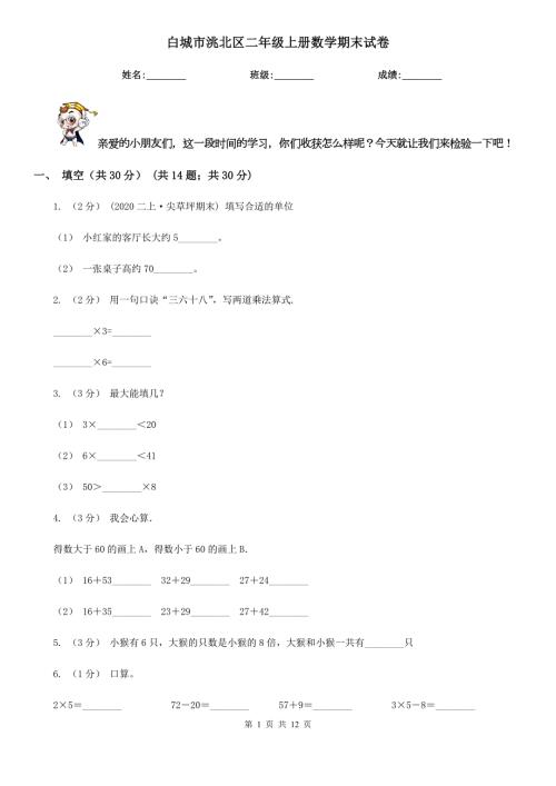 白城市洮北区二年级上册数学期末试卷.doc