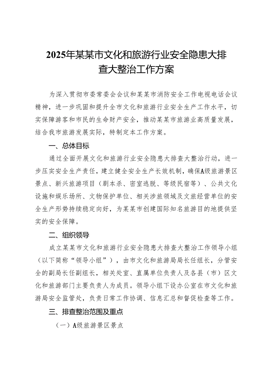 2025年某某市文化和旅游行业安全隐患大排查大整治工作方案.docx_第1页