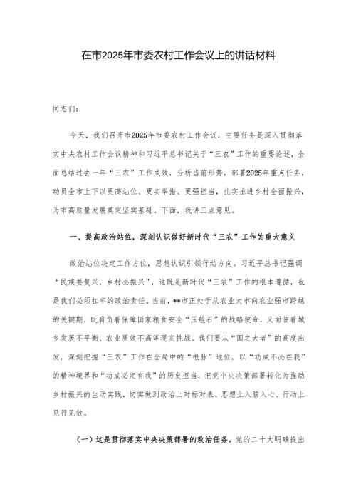 在市2025年市委农村工作会议上的讲话材料.docx