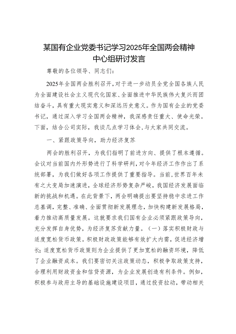 某国有企业党委书记学习2025年全国两会精神中心组研讨发言.docx_第1页