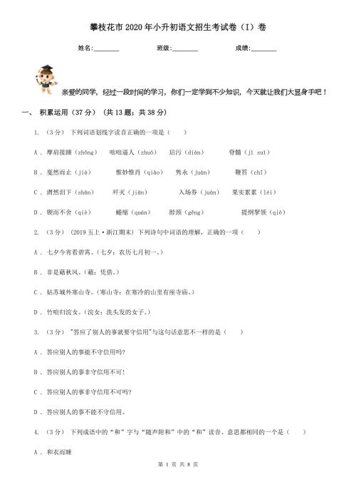 攀枝花市2020年小升初语文招生考试卷I卷.doc