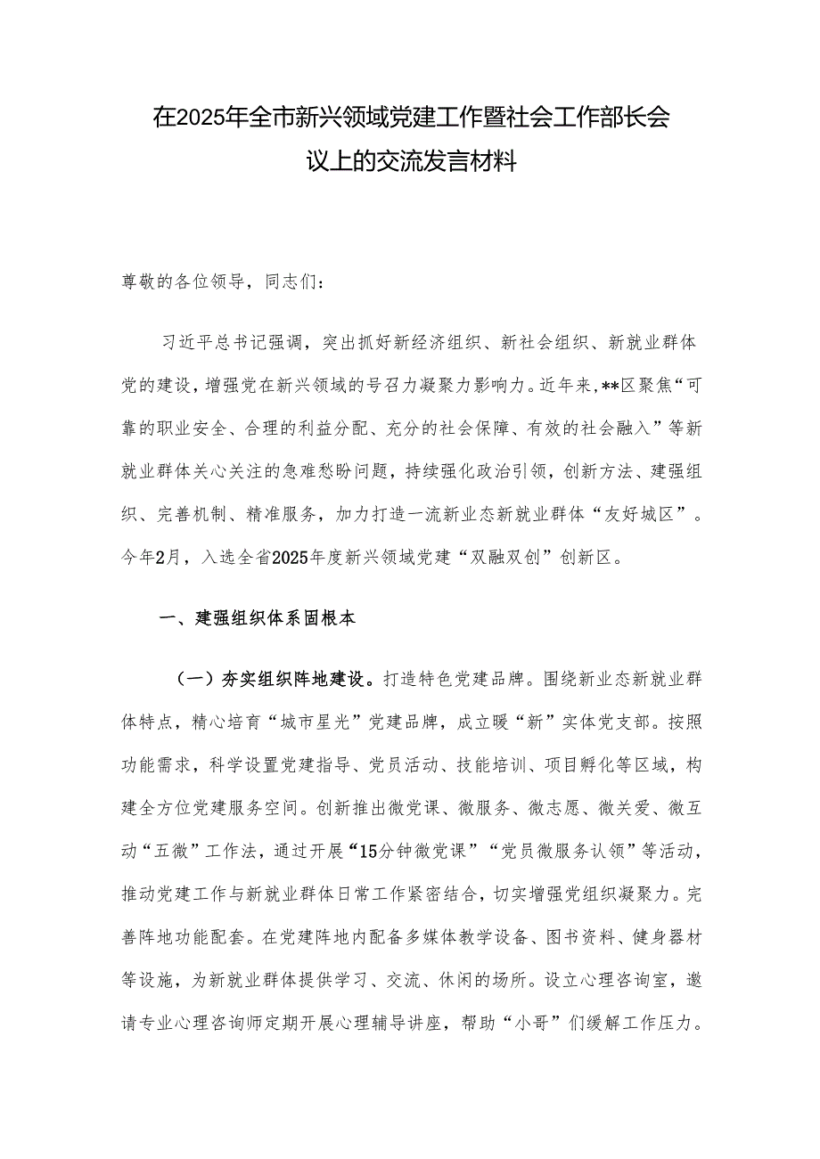 在2025年全市新兴领域党建工作暨社会工作部长会议上的交流发言材料.docx_第1页