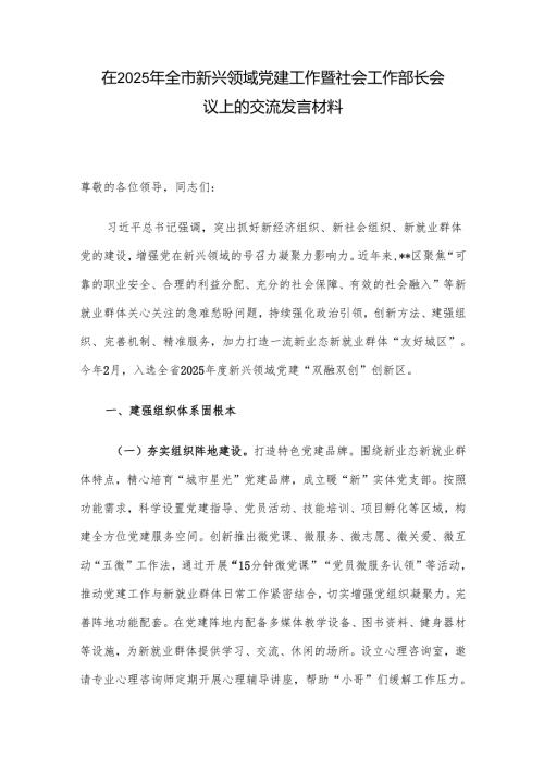 在2025年全市新兴领域党建工作暨社会工作部长会议上的交流发言材料.docx