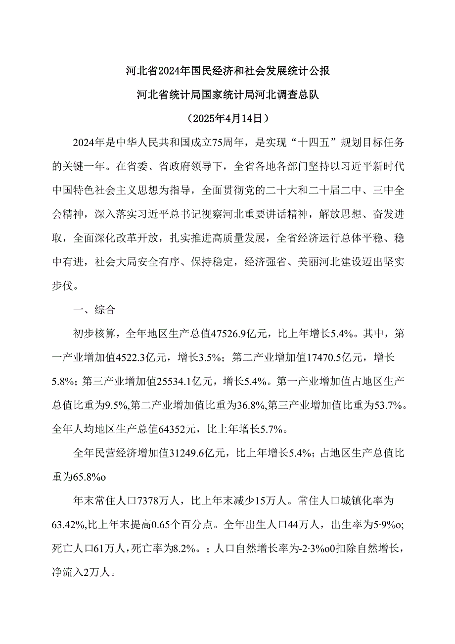 河北省2024年国民经济和社会发展统计公报（2025年4月14日）.docx_第1页