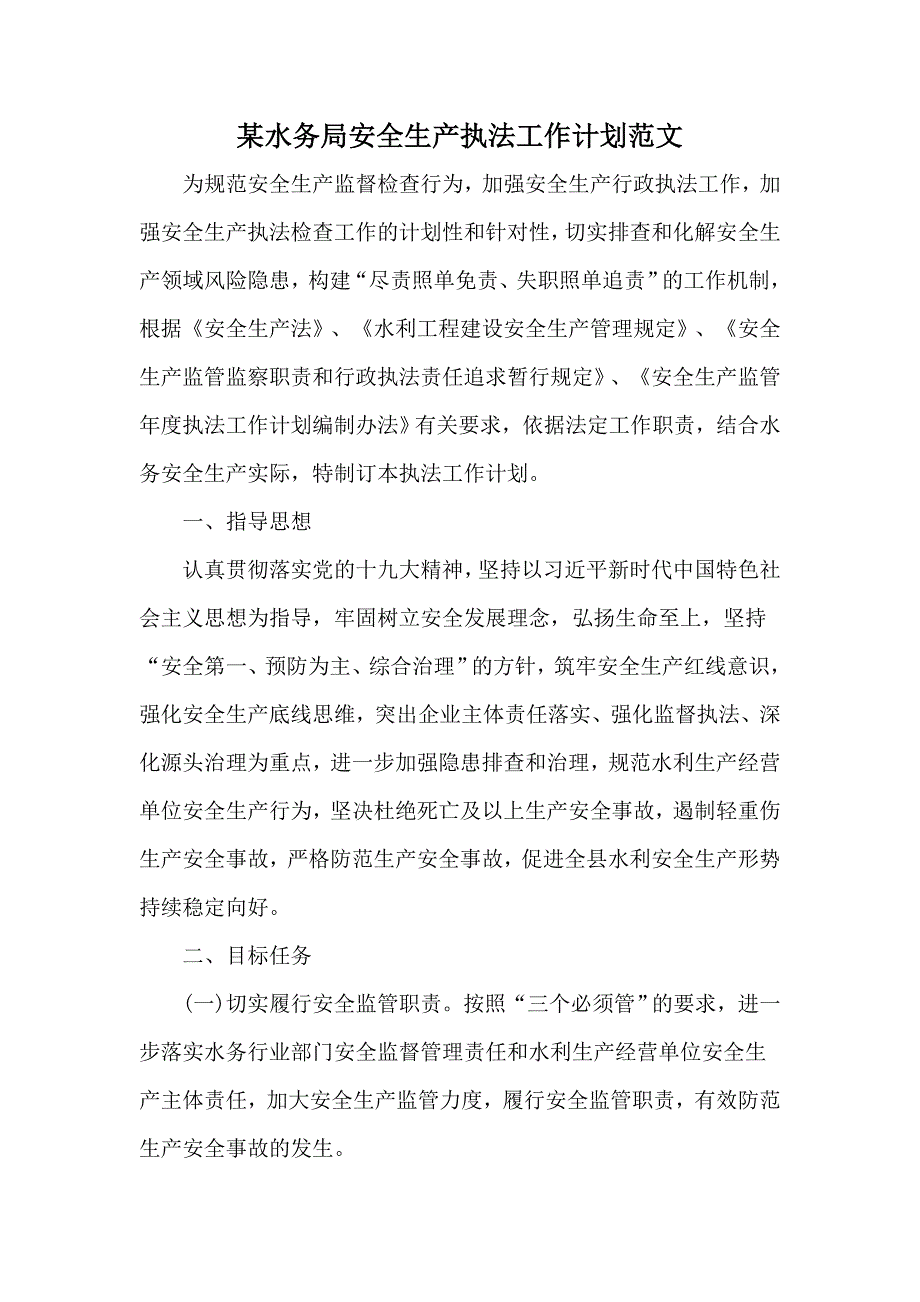 某水务局安全生产执法工作计划范文.docx_第1页