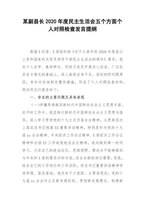 某副县长2020民主生活会五个方面个人对照检查发言提纲.docx