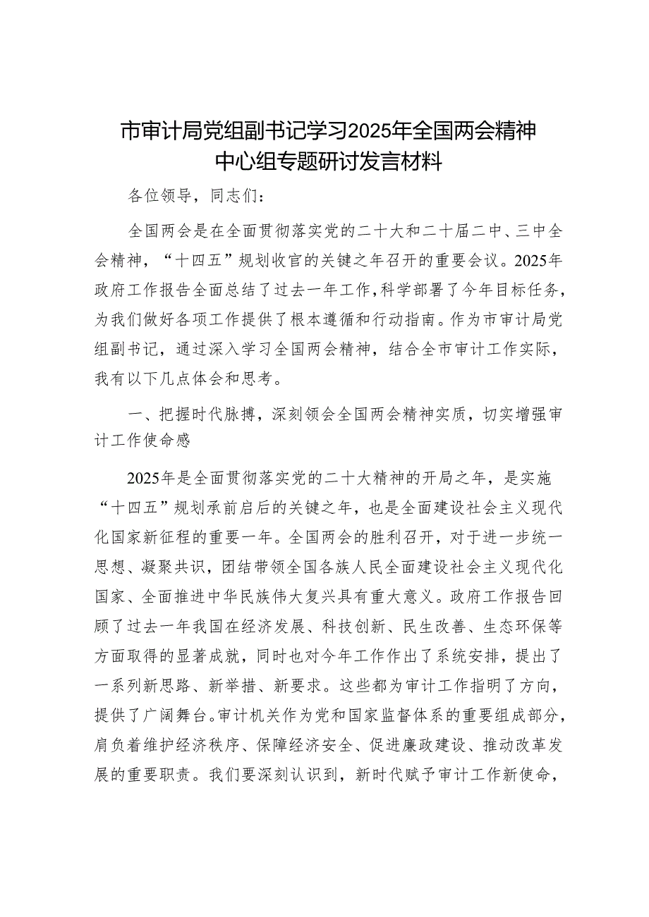 市审计局党组副书记学习2025年全国两会精神中心组专题研讨发言材料.docx_第1页