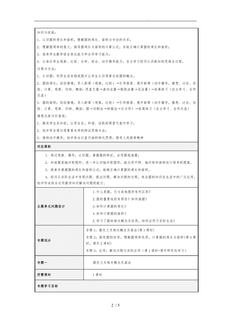 小学六年级数学上册圆主题单元设计说明.doc_第2页
