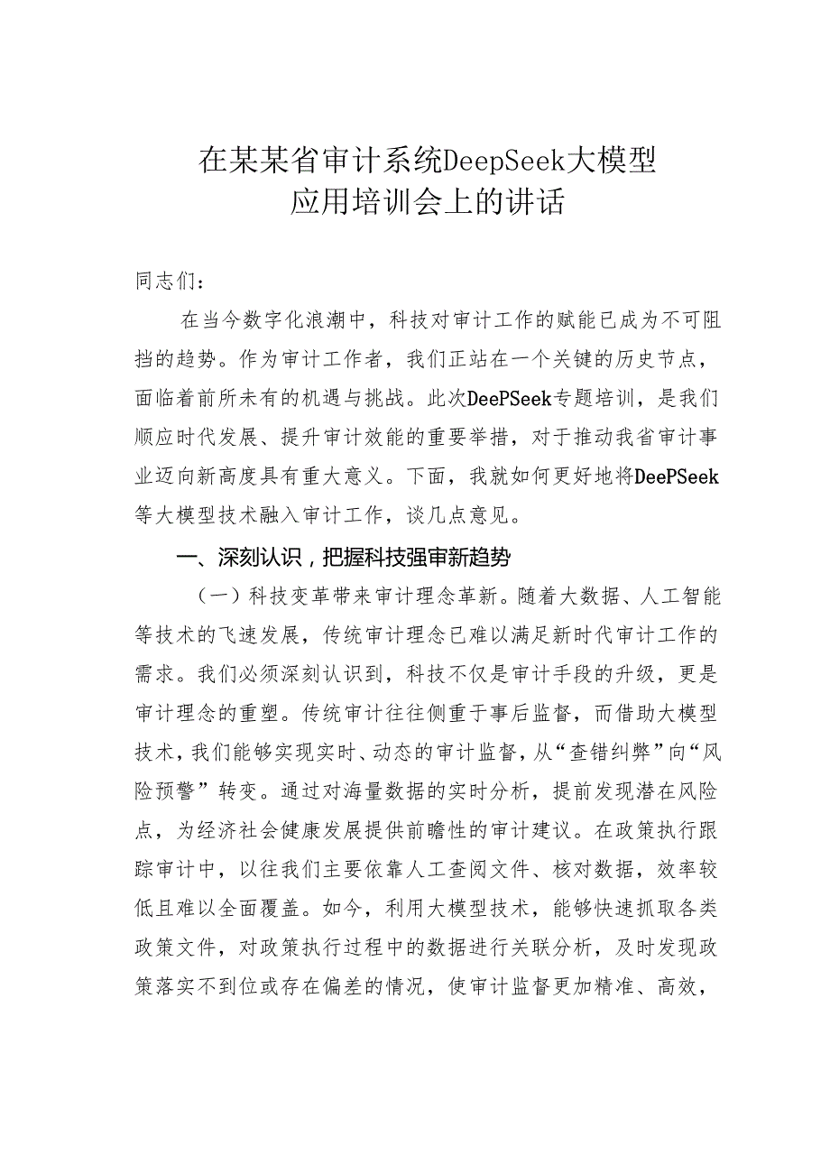 在某某省审计系统DeepSeek大模型应用培训会上的讲话.docx_第1页