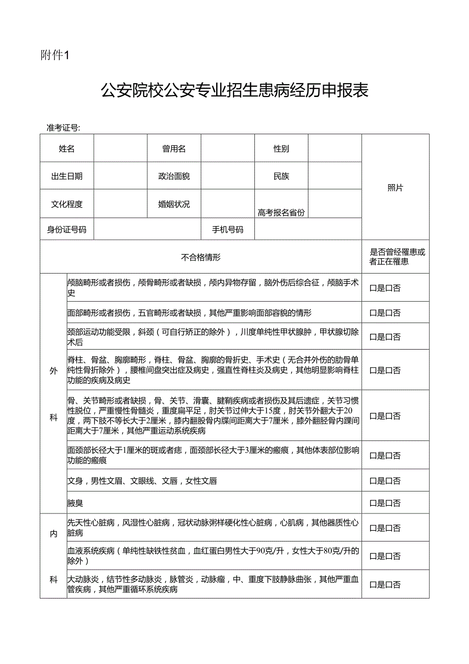 公安院校公安专业招生考生患病经历申报表.docx_第1页