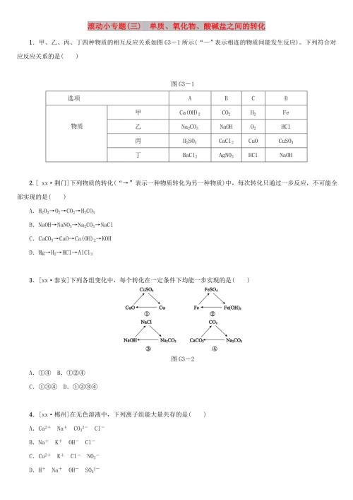 湖南省中考化学复习滚动小专题三单质氧化物酸碱盐之间的转化练习.doc