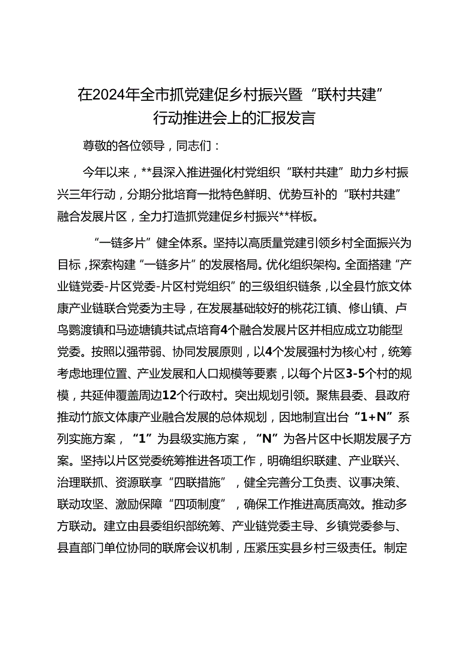 在2024年全市抓党建促乡村振兴暨“联村共建”行动推进会上的汇报发言1.docx_第1页