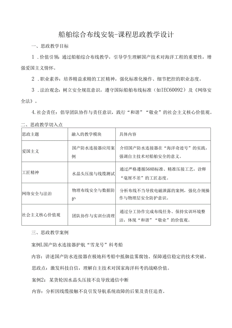 船舶综合布线安装课程思政教学设计.docx_第1页
