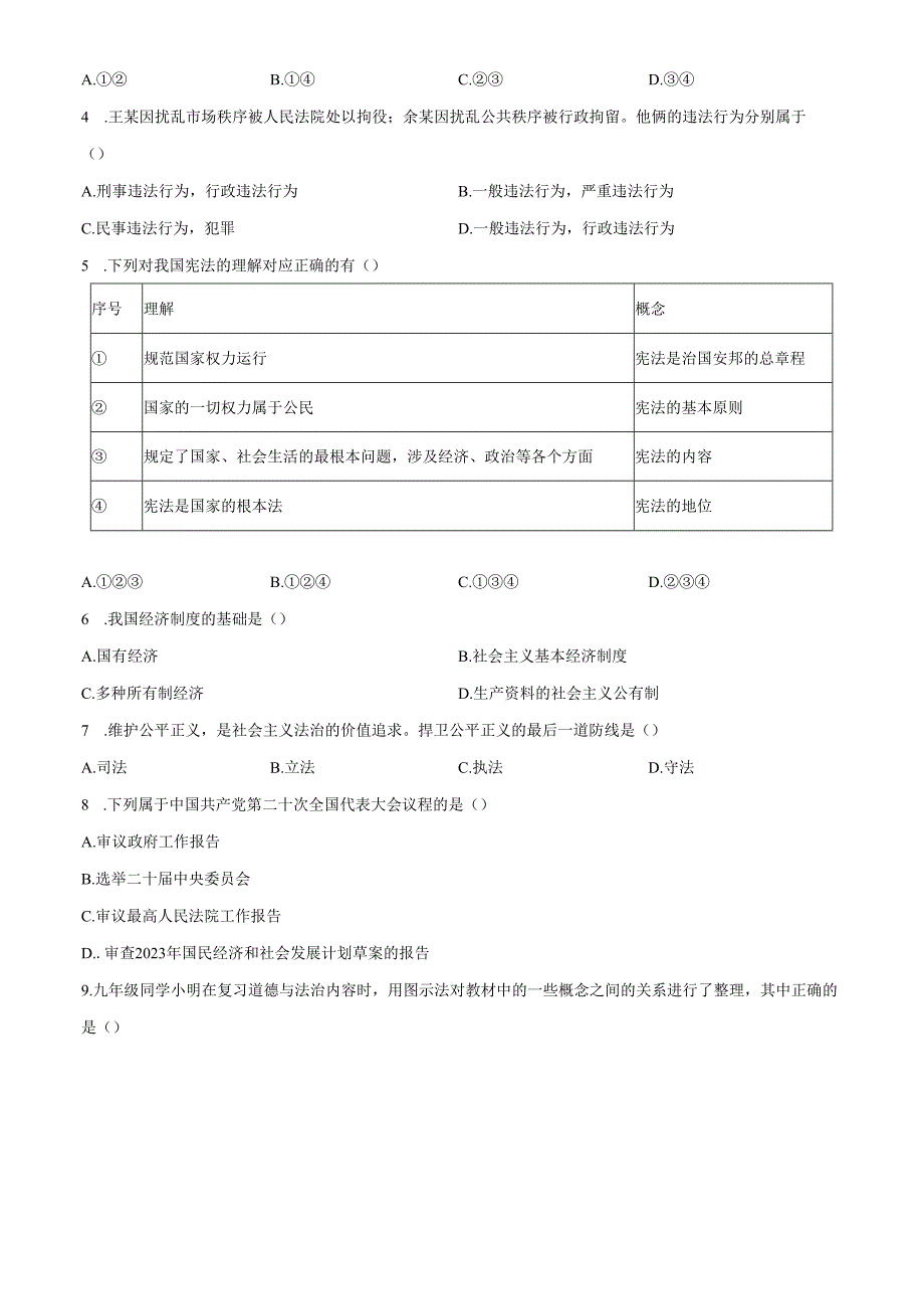 精品解析：辽宁省沈阳市东北育才学校20242025九年级上学期第一次月考道德与法治试题（原卷版）.docx_第2页