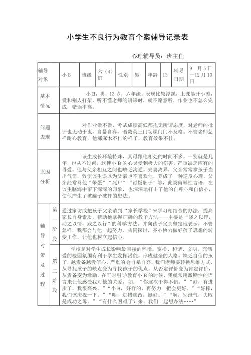 小学生不良行为教育个案辅导记录表.doc