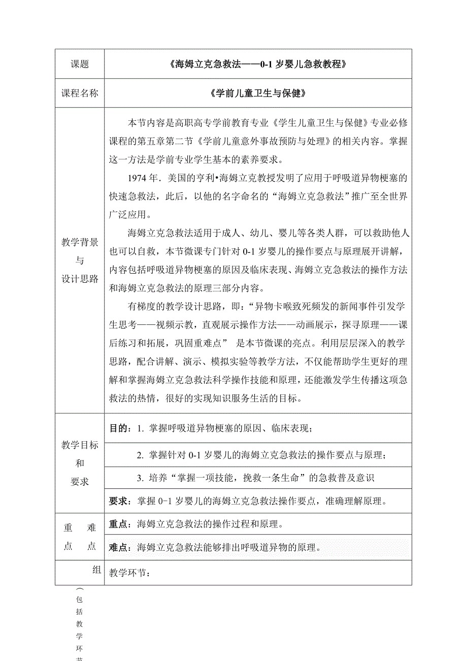 海姆立克急救法01岁婴儿急救教程教学设计.doc_第2页