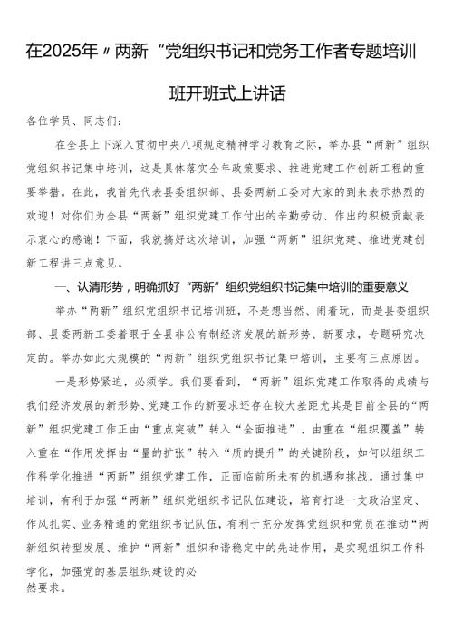 在2025年“两新”党组织书记和党务工作者专题培训班开班式上讲话.docx