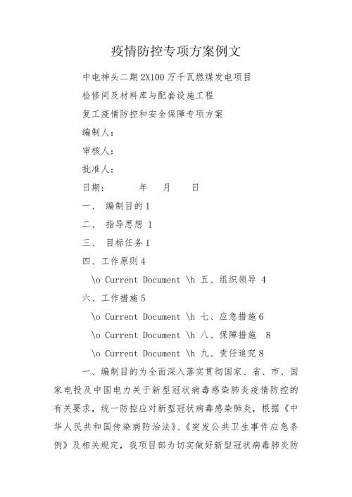 疫情防控专项方案例文.doc