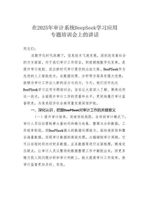在2025年审计系统DeepSeek学习应用专题培训会上的讲话.docx