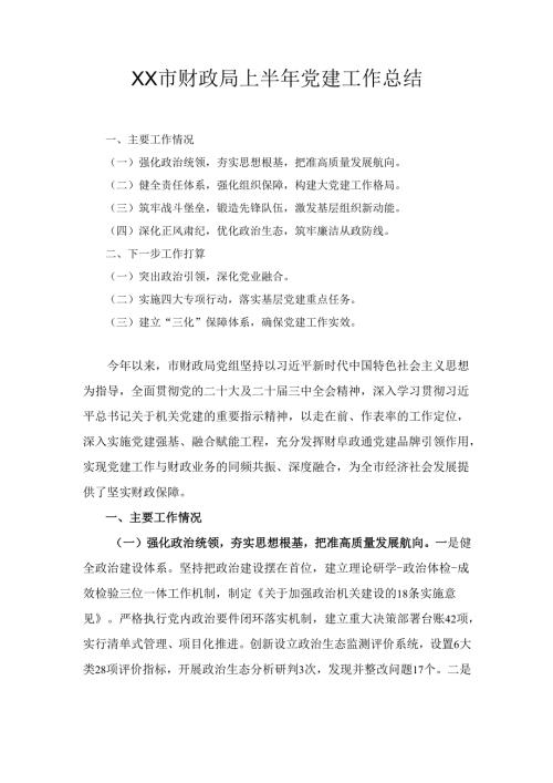 XX市财政局上半年党建工作总结.docx