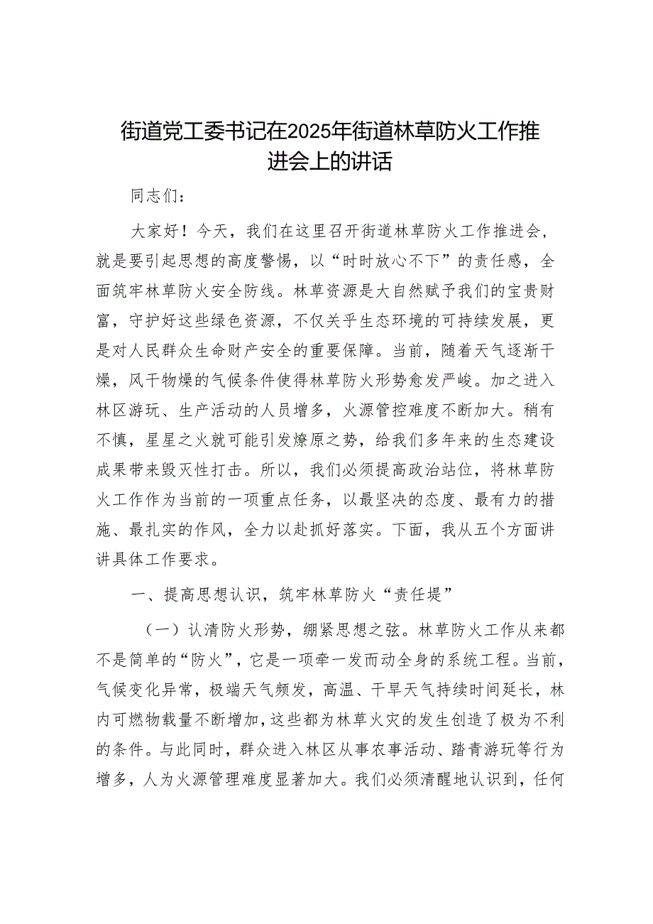 街道党工委书记在2025年街道林草防火工作推进会上的讲话.docx_第1页