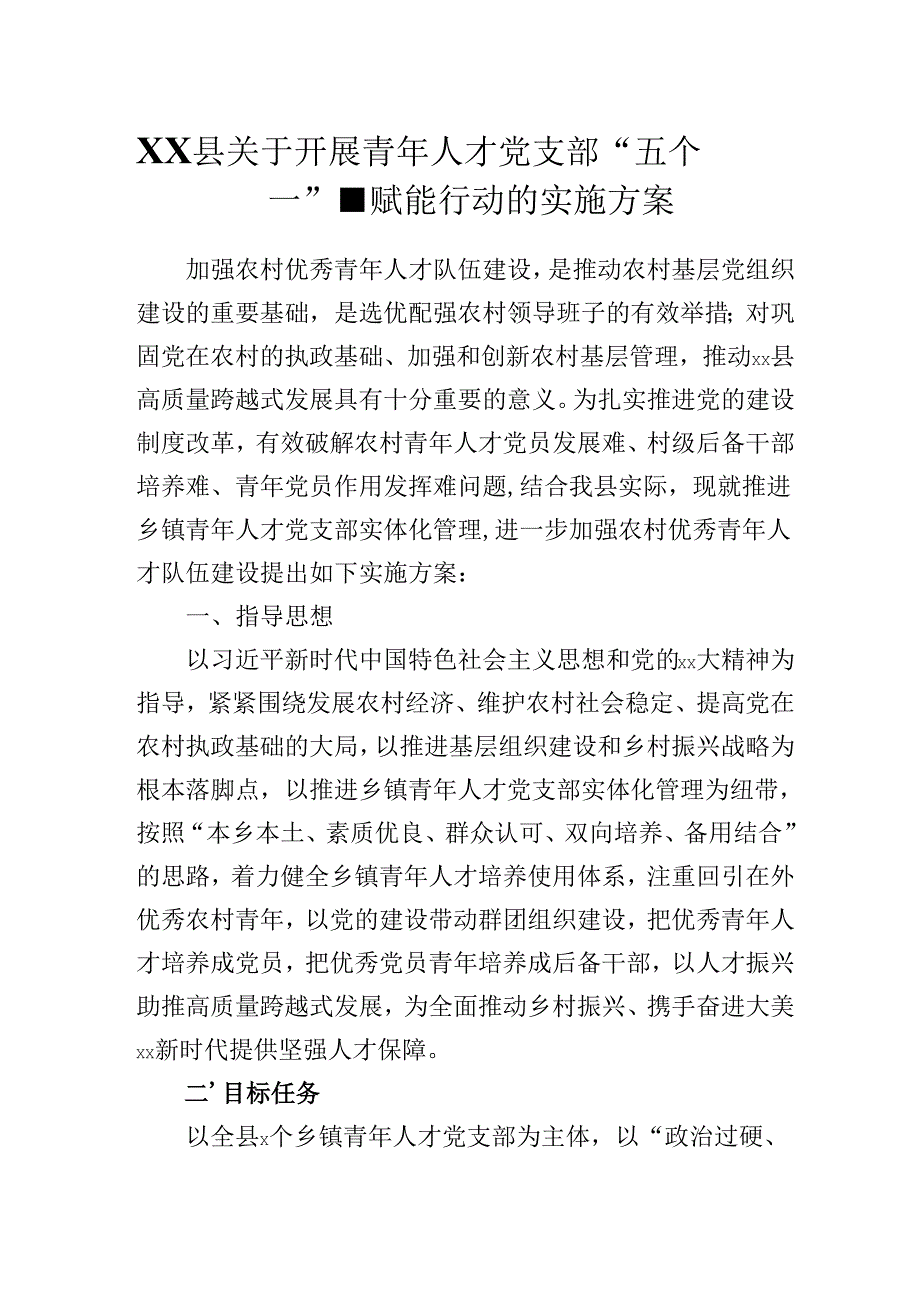 XX县关于开展青年人才党支部“五个一”强基赋能行动的实施方案.docx_第1页