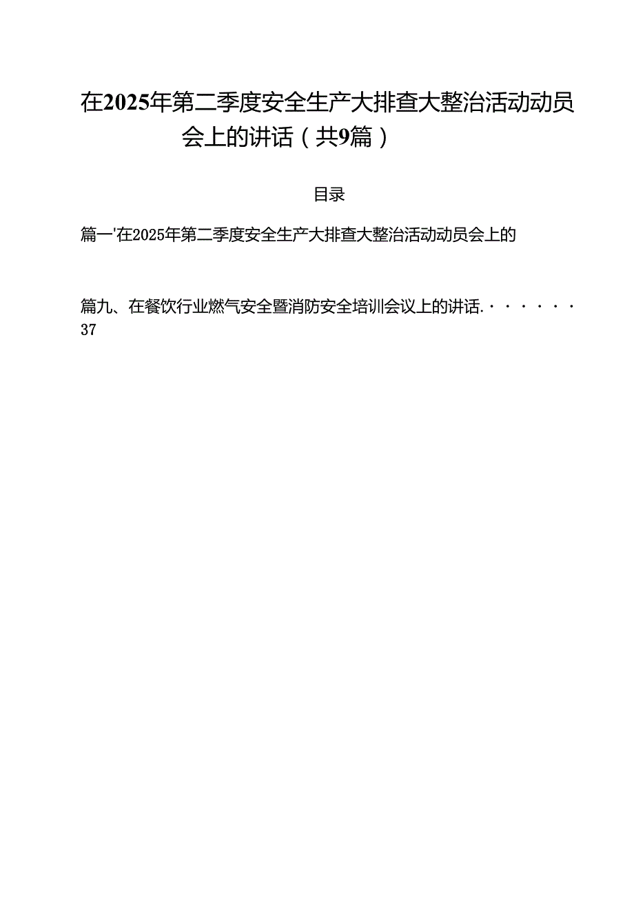 在2025年第二季度安全生产大排查大整治活动动员会上的讲话（共9篇）.docx_第1页