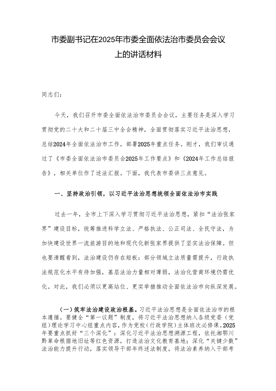 市委副书记在 2025年市委全面依法治市委员会会议上的讲话材料.docx_第1页