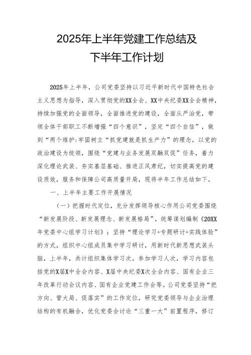 开展2025年上半年《党建工作总结》及下一步工作打算合计9份.docx