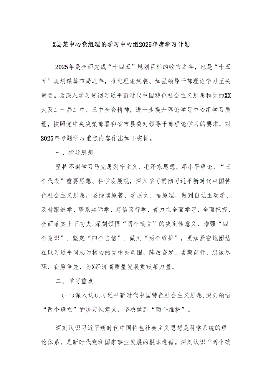 X县某中心党组理论学习中心组2025学习计划.docx_第1页