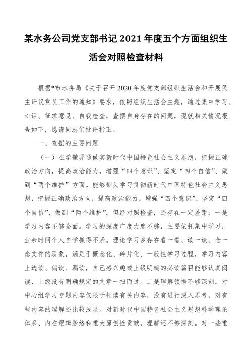 某水务公司党支部书记2021五个方面组织生活会对照检查材料.docx