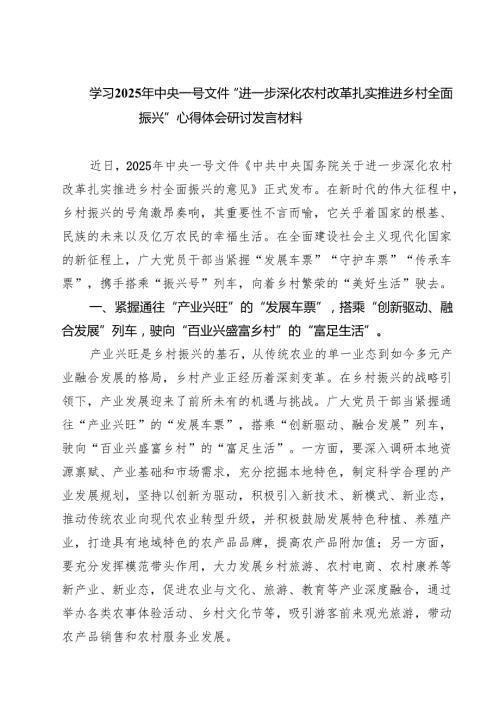 【3篇】学习2025年中央一号文件“进一步深化农村改革扎实推进乡村全面振兴”心得体会研讨发言材料（精选）.docx