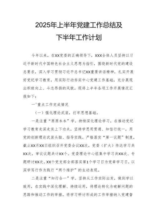 开展2025年上半年《党建工作总结》及下半年工作计划（9份）.docx