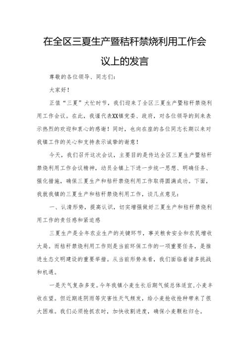 在全区三夏生产暨秸秆禁烧利用工作会议上的发言.docx
