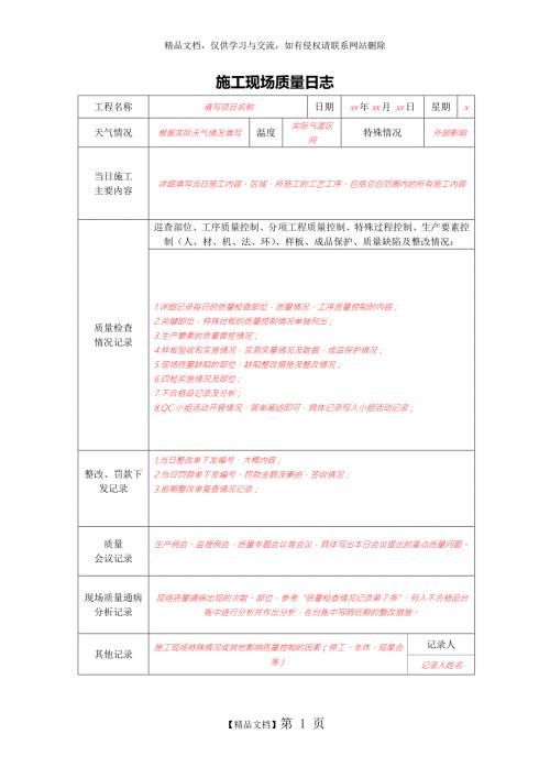 施工现场质量日志样表.doc
