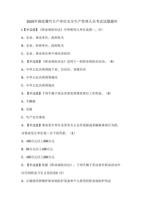 2025年烟花爆竹生产单位安全生产管理人员考试试题题库.docx