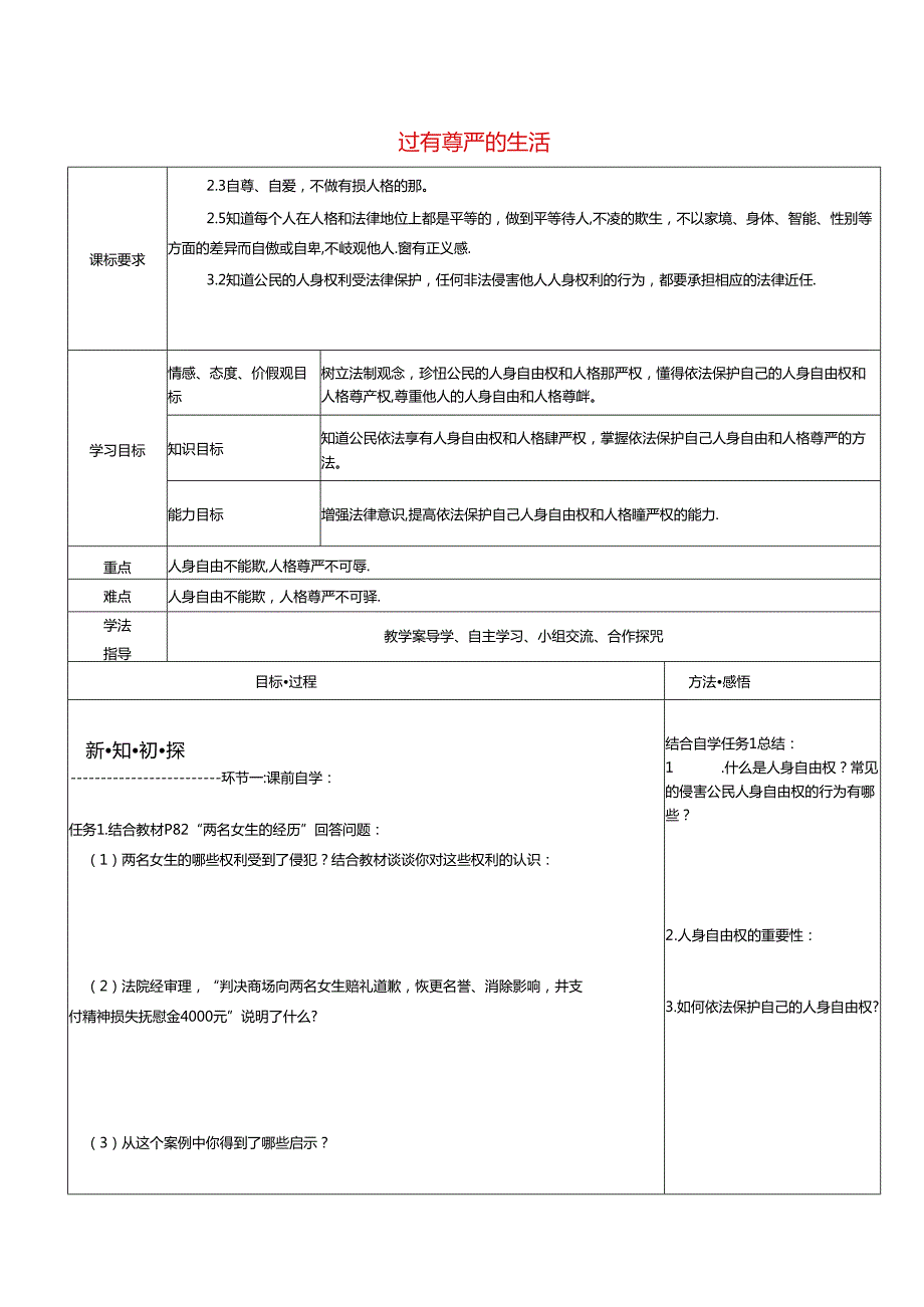八年级道德与法治上册第四单元人身权受教育权：美好生活最相关第7课伴我们一生的权利第2框过有尊严的生活学案无答案鲁人版六三制.docx_第1页
